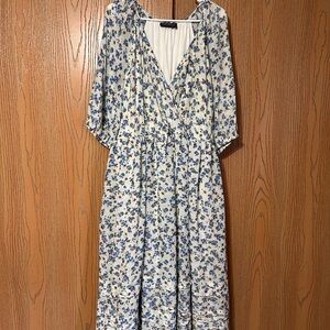 Blue Floral Puff-Sleeve Tuck-Detail Midi Dress from Lane Bryant